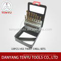 19pcs HSS twist drills bit set dans une boîte en métal avec fenêtre